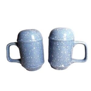 Farmhouse Salt Pepper Shakers White Blue Speckle Stoneware Handles Country Gift
